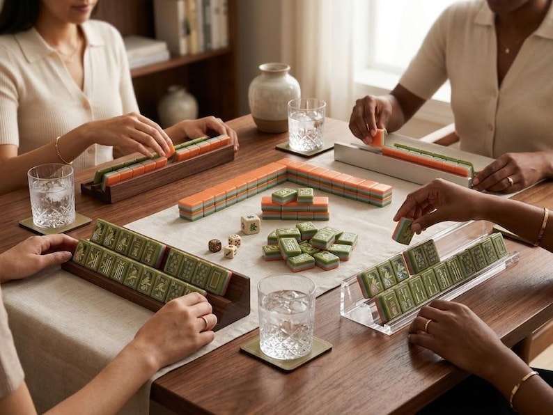 Peut inclure: Un jeu de Mahjong compos&eacute; de tuiles rectangulaires aux dos verts et orange, dispos&eacute;es sur une table. Le set comprend des r&eacute;glettes en bois et en acrylique transparent, des petits d&eacute;s et des piles de tuiles au centre, utilis&eacute; par plusieurs joueurs.