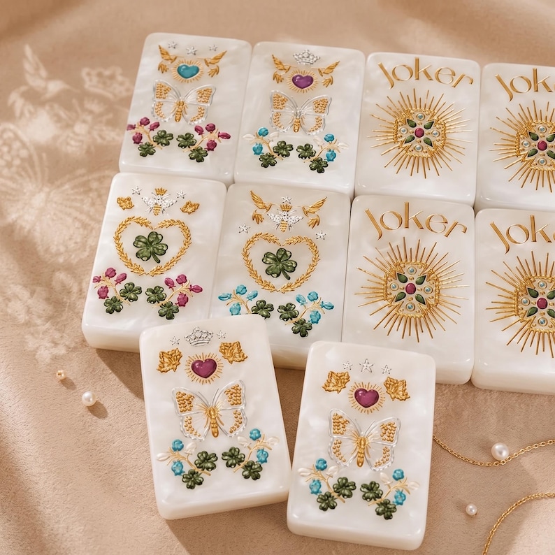 K&ouml;nnte beinhalten: Ein Set aus rechteckigen wei&szlig;en Fliesen mit detaillierten, gepr&auml;gten Designs in Gold, Gr&uuml;n, Blau und Violett. Einige Fliesen zeigen Schmetterlinge, Herzen und Kleebl&auml;tter, w&auml;hrend andere das Wort Joker mit einem Strahlenmuster tragen.