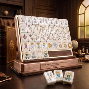 K&ouml;nnte beinhalten: Ein Mahjong-Set mit wei&szlig;en Spielsteinen, die mit komplexen, farbenfrohen Mustern, Zahlen und Buchstaben verziert sind und auf einem St&auml;nder aus Kupfer und dunklem Holz stehen. Eine Plakette tr&auml;gt die Aufschrift The M'oh'jang Masterpiece Collection - Limited Edition - #1/100.