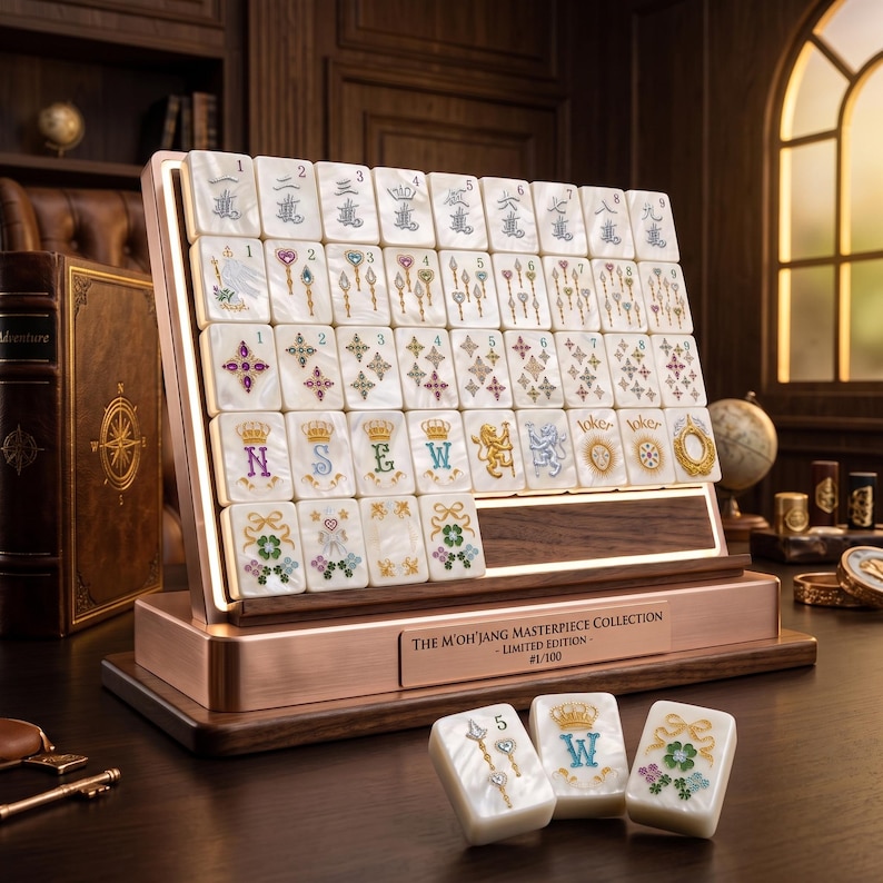 K&ouml;nnte beinhalten: Ein Mahjong-Set mit wei&szlig;en Spielsteinen, die mit komplexen, farbenfrohen Mustern, Zahlen und Buchstaben verziert sind und auf einem St&auml;nder aus Kupfer und dunklem Holz stehen. Eine Plakette tr&auml;gt die Aufschrift The M'oh'jang Masterpiece Collection - Limited Edition - #1/100.