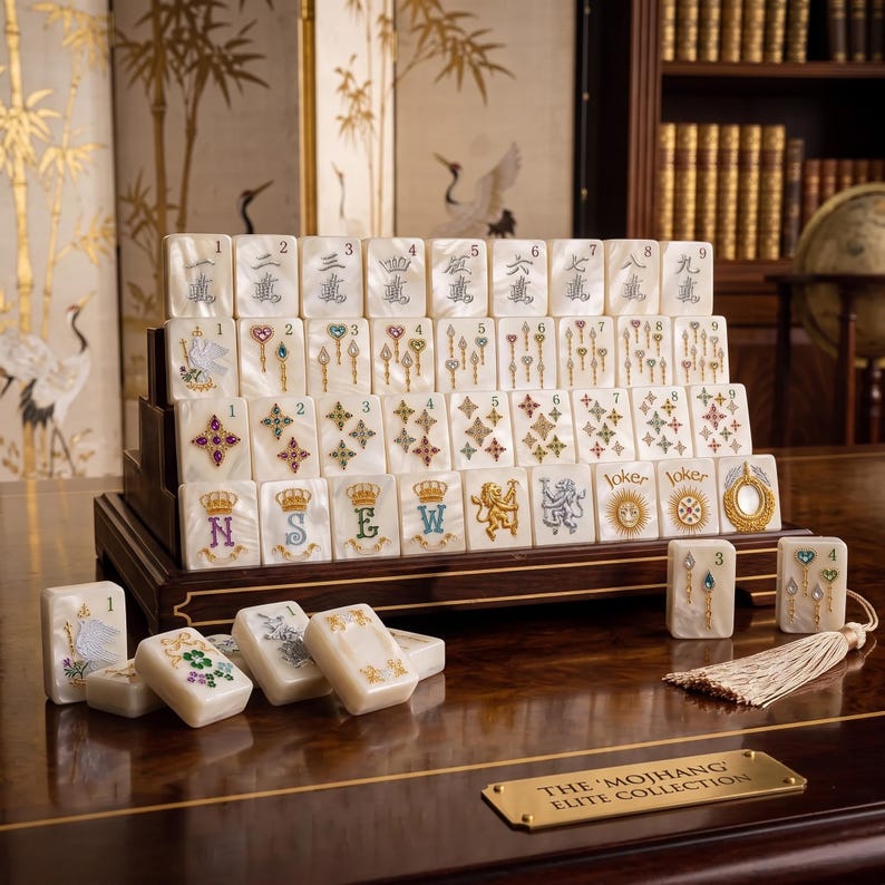 K&ouml;nnte beinhalten: Ein Set aus wei&szlig;en, perlmuttfarbenen Mahjong-Spielsteinen, angeordnet auf einem abgestuften Holzst&auml;nder. Die Steine zeigen komplexe, farbenfrohe Designs mit Zahlen, Symbolen, Kronen und dem Schriftzug 'Joker'. Eine Messingplakette tr&auml;gt die Aufschrift 'THE MOJHANG ELITE COLLECTION'.