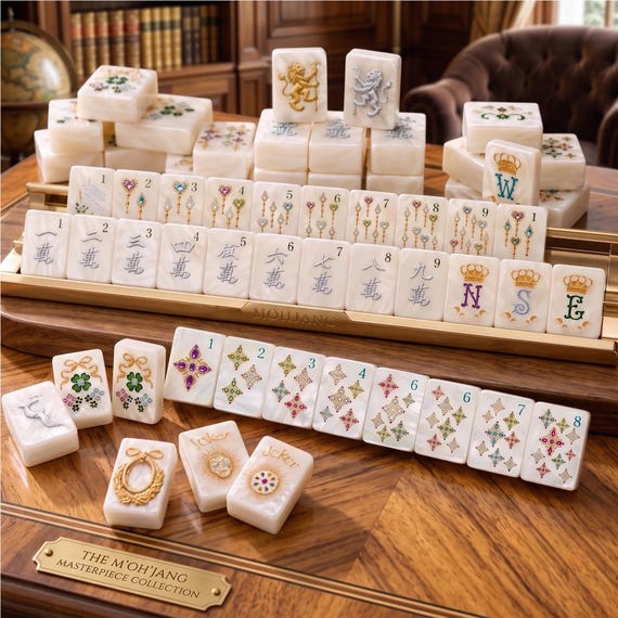 American Mahjong Set, White Pearl Resin Tiles, Royal Crown Design