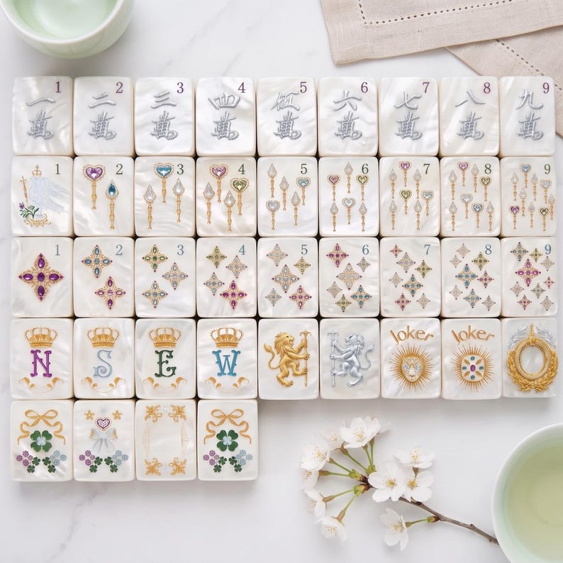 K&ouml;nnte beinhalten: Ein Set aus rechteckigen Mahjong-Spielsteinen mit perlmuttwei&szlig;er Oberfl&auml;che. Die Steine zeigen verschiedene eingravierte Motive, darunter die Zahlen eins bis neun, Zepter, Sternformen, Kronen, die Buchstaben N, S, E, W, L&ouml;wen und das Wort Joker.