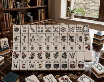 Jeu de mahjong américain, tuiles à motifs floraux bleu sarcelle et marron, cadeau idéal pour les amateurs de mahjong.