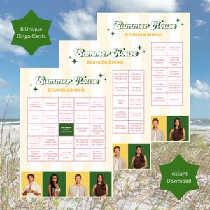 May include: A set of three "Summer House Reunion Bingo" cards with a beach background. The cards are cream-colored with green and white accents. Each card features bingo squares with phrases from the show. The image also includes a green starburst with the text "8 Unique Bingo Cards."