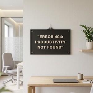 May include: A black sign with the text "ERROR 404: PRODUCTIVITY NOT FOUND" hangs on a white wall. A desk with a laptop, mug, and notepad is in front of the sign. A potted plant and books sit on a shelf.