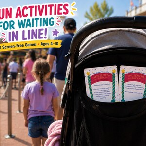 May include: Two white rectangular game cards with colorful confetti borders tucked into a black stroller pocket. The cards feature red headers reading AMUSEMENT PARK and text for Sunglasses Detective and Backpack Memory Game. The top left text reads FUN ACTIVITIES FOR WAITING IN LINE! 10 Screen-Free Games • Ages 4-10.