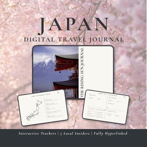 May include: A digital travel journal for Japan displayed on a tablet screen, featuring a cover with a red pagoda and Mount Fuji. Two smaller screens show a map of Japan labeled The Insider Edit and a Trip at a Glance page with travel trackers.