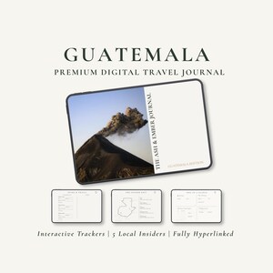 Könnte beinhalten: Ein digitales Reisejournal für Guatemala mit einem Tablet-Display, das ein Bild eines Vulkanausbruchs und den Text "THE ASH & EMBER JOURNAL GUATEMALA EDITION" zeigt. Darunter sind drei kleinere Bildschirme mit Reise-Trackern und einer Karte.