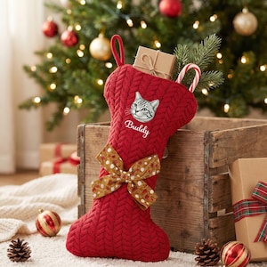 Chaussette de Noël personnalisée pour chien, photo et nom, en forme d'os avec nœud