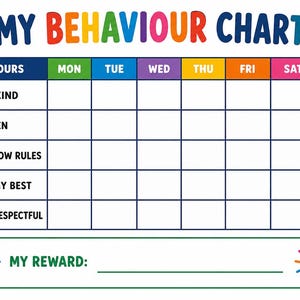 May include: Colorful "My Behaviour Chart" with sections for each day of the week. The chart includes prompts like "I am kind" and "I listen." A space for rewards is at the bottom, with a star and gift box graphic.