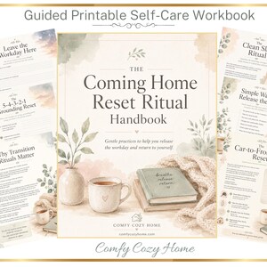 Könnte beinhalten: Ein Aquarellbild eines Selbstpflege-Arbeitsbuchs mit dem Titel "The Coming Home Reset Ritual Handbook". Das Bild enthält einen Stapel Seiten mit Selbstpflege-Aufforderungen, ein Buch, eine Tasse, eine Vase mit Grün und den Text "Guided Printable Self-Care Workbook."