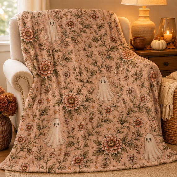 Pink Ghost Floral Blanket, Vintage Halloween Throw, Spooky Cottagecore Decor, Plush Velveteen