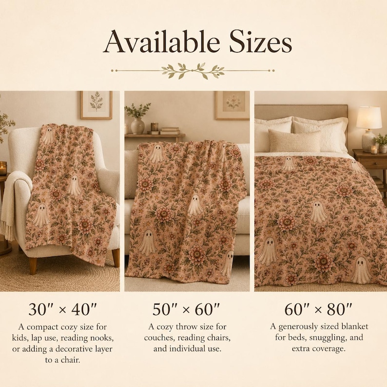 Pink Ghost Floral Blanket, Vintage Halloween Throw, Spooky Cottagecore Decor, Plush Velveteen image 4