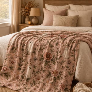 Pink Ghost Floral Blanket, Vintage Halloween Throw, Spooky Cottagecore Decor, Plush Velveteen image 9