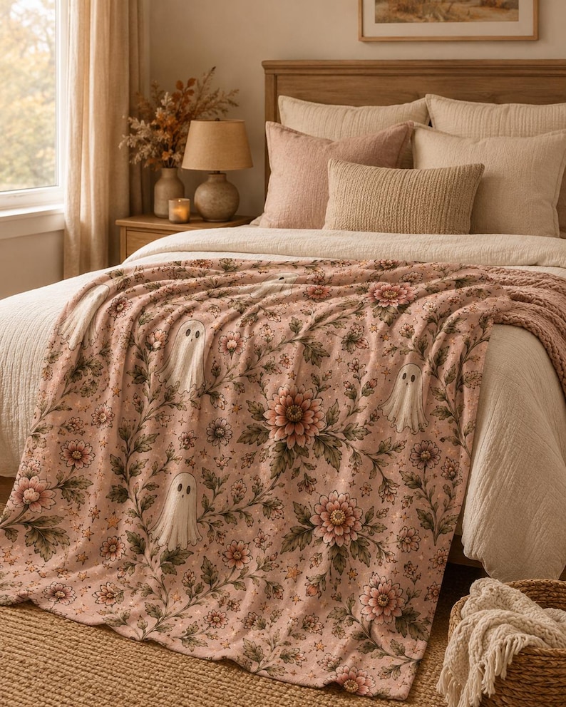 Pink Ghost Floral Blanket, Vintage Halloween Throw, Spooky Cottagecore Decor, Plush Velveteen image 9