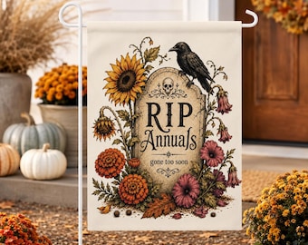 Halloween Garden Flag, RIP Annuals Tombstone Sign, Crow Sunflower Yard Decor