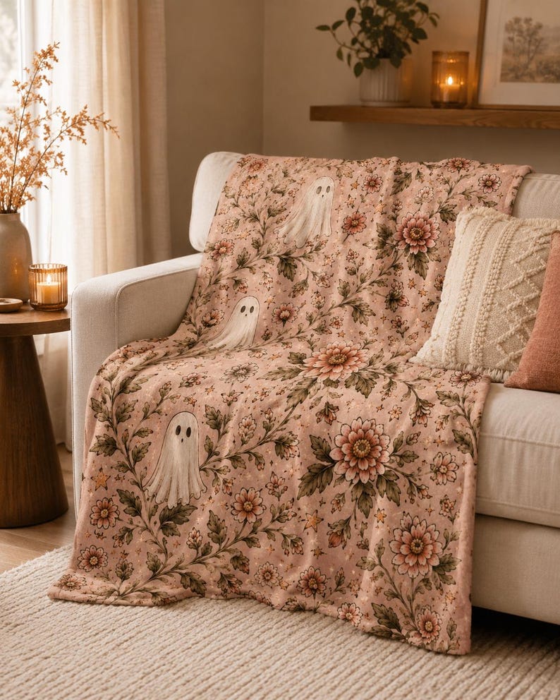 Pink Ghost Floral Blanket, Vintage Halloween Throw, Spooky Cottagecore Decor, Plush Velveteen image 6