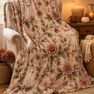 Pink Ghost Floral Blanket, Vintage Halloween Throw, Spooky Cottagecore Decor, Plush Velveteen image 10