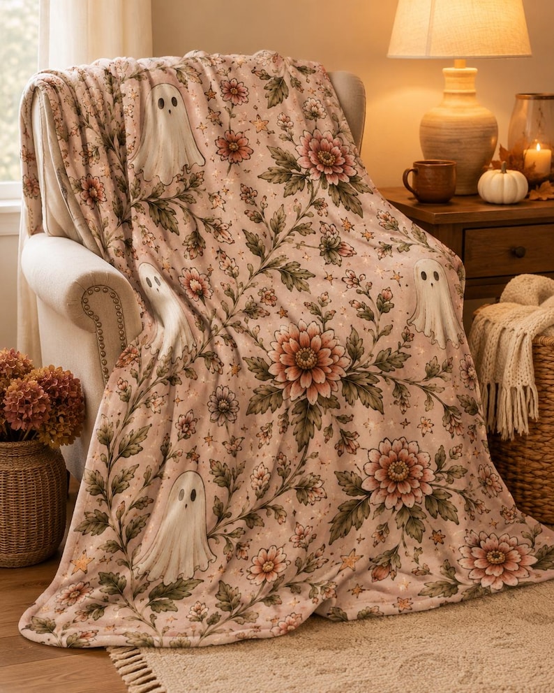 Pink Ghost Floral Blanket, Vintage Halloween Throw, Spooky Cottagecore Decor, Plush Velveteen image 10