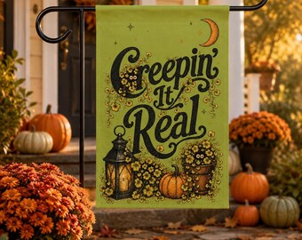 Creepin' It Real Halloween Garden Pun Flag, Pumpkin Moon Yard Banner, Spooky Fall Decor