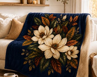 Navy Magnolia Floral Blanket | Southern Botanical Throw with Tan Sherpa | Farmhouse Fall Magnolia Housewarming Gift | 2 Sizes