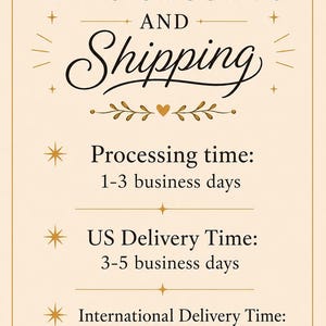 May include: A rectangular informational sign with a cream background and dark text reading PROCESSING AND Shipping. It lists processing time as 1-3 business days, US delivery time as 3-5 business days, and international delivery time as 7-12 business days.