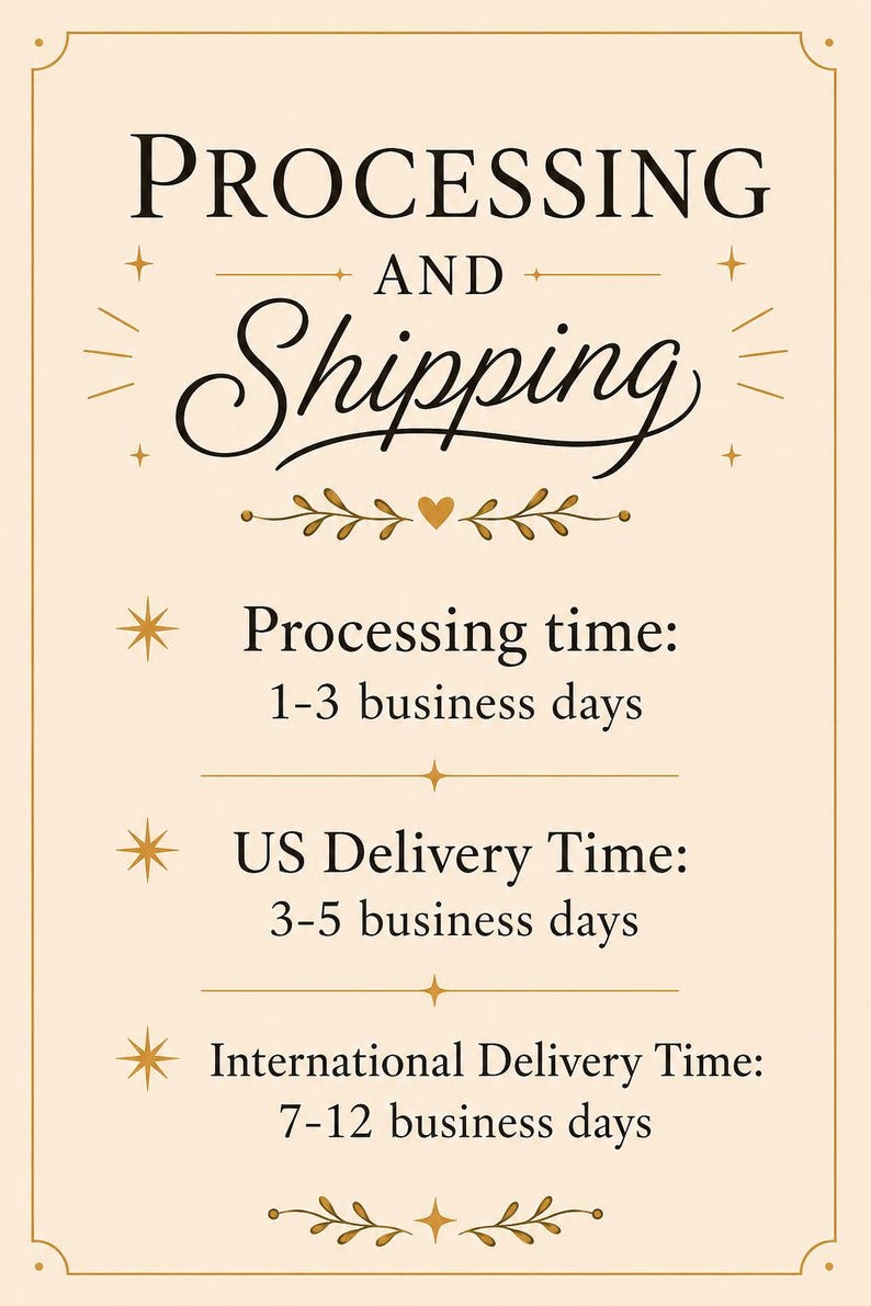 May include: A rectangular informational sign with a cream background and dark text reading PROCESSING AND Shipping. It lists processing time as 1-3 business days, US delivery time as 3-5 business days, and international delivery time as 7-12 business days.