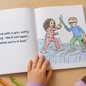 May include: An open book with a children's illustration of two kids in pajamas playing with swords on a bed. The text reads, "And with a grin, softly said, 'We'll sail again... when we're in bed.'" A hand is coloring the illustration with a blue crayon.