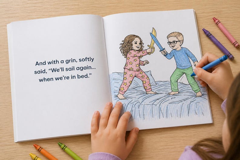 May include: An open book with a children's illustration of two kids in pajamas playing with swords on a bed. The text reads, "And with a grin, softly said, 'We'll sail again... when we're in bed.'" A hand is coloring the illustration with a blue crayon.