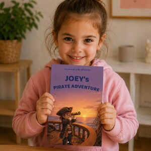 May include: A young girl smiles, holding a children's book titled "Joey's Pirate Adventure." The book cover shows a cartoon pirate looking through a telescope at a sunset over the sea. The girl is wearing a pink hoodie.