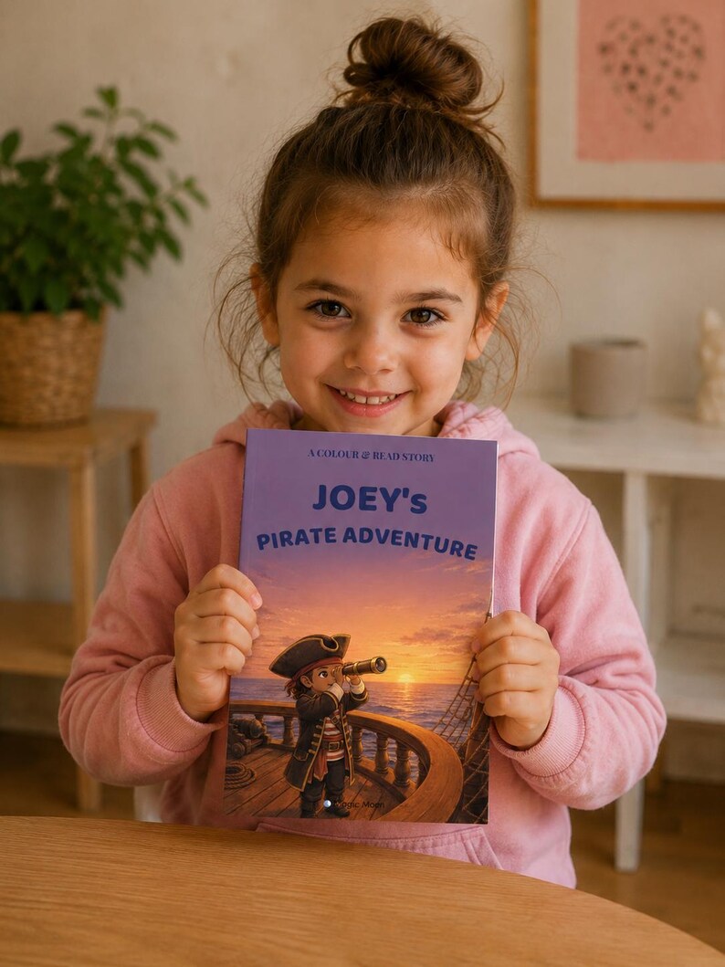 May include: A young girl smiles, holding a children's book titled "Joey's Pirate Adventure." The book cover shows a cartoon pirate looking through a telescope at a sunset over the sea. The girl is wearing a pink hoodie.