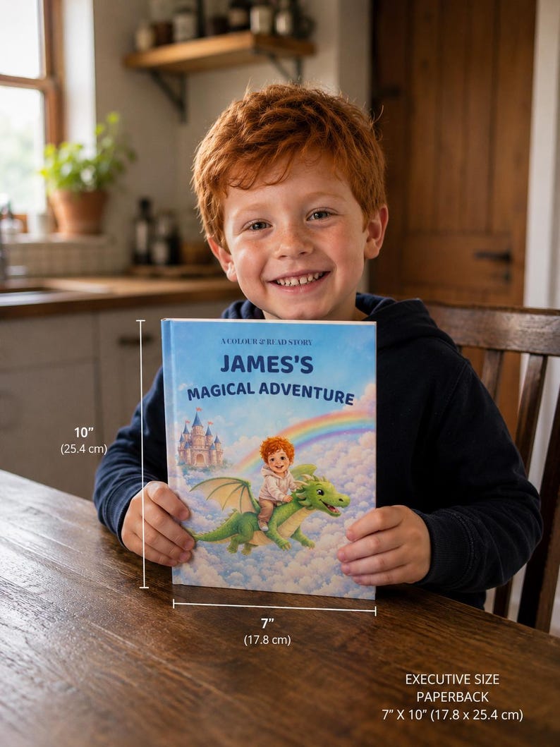 May include: A paperback book titled "James's Magical Adventure" with a colorful illustration of a boy riding a dragon. The book is 17.8 cm x 25.4 cm in size. The cover features a castle, rainbow, and the text "A Colour & Read Story".