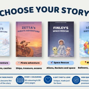 May include: Four children's books are shown, each with a different illustrated cover. The titles read "Sophie's Magical Adventure", "Zetta's Pirate Adventure", "Finley's Space Rescue", and "Lottie's Birthday Wish". The text "Choose Your Story" is at the top.