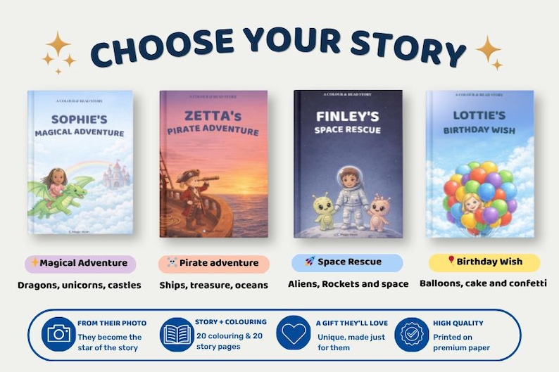May include: Four children's books are shown, each with a different illustrated cover. The titles read "Sophie's Magical Adventure", "Zetta's Pirate Adventure", "Finley's Space Rescue", and "Lottie's Birthday Wish". The text "Choose Your Story" is at the top.