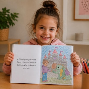 May include: A child smiles, holding a children's book open to a colourful illustration of a castle and a dragon. The text on the page reads, "A friendly dragon called Rupert lives in the castle. But today he looks very worried."
