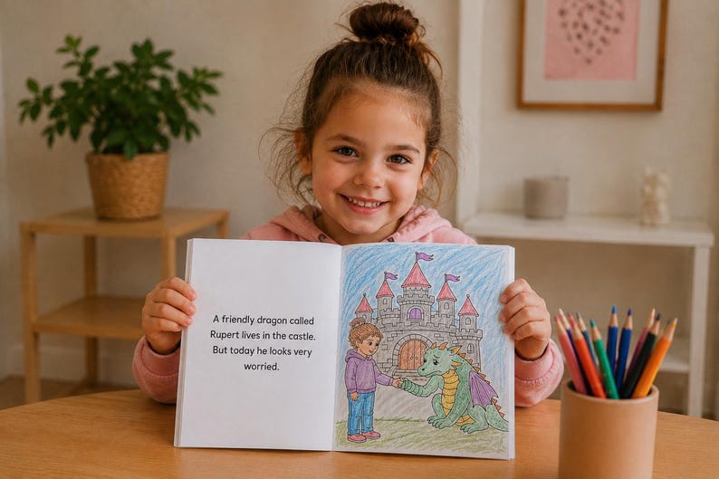 May include: A child smiles, holding a children's book open to a colourful illustration of a castle and a dragon. The text on the page reads, "A friendly dragon called Rupert lives in the castle. But today he looks very worried."