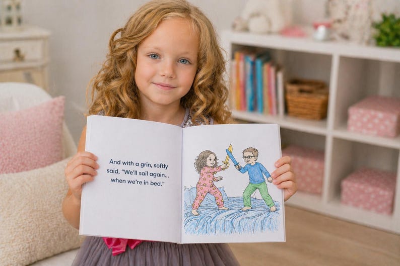 May include: A child holds a book open, revealing a colourful illustration of two children in pyjamas playing with swords. The text reads, "And with a grin, softly said, 'We'll sail again... when we're in bed.'" The girl smiles at the camera.