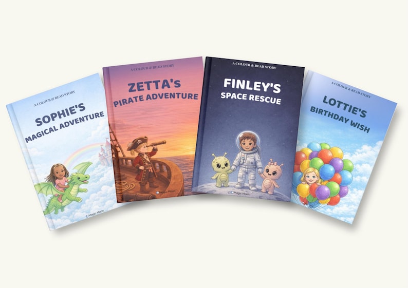 May include: Four children's books with vibrant covers. Titles are "Sophie's Magical Adventure," "Zetta's Pirate Adventure," "Finley's Space Rescue," and "Lottie's Birthday Wish." The illustrations depict themes of pirates, space exploration, and fantasy adventures.