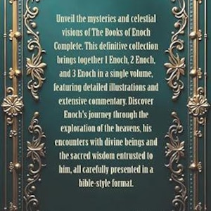 Może przedstawiać: Okładka książki ze zdobionymi złotymi filigranami na turkusowym tle. Tekst brzmi "Unveil the mysteries and celestial visions of The Books of Enoch Complete". Książka zawiera szczeg&oacute;łowe ilustracje i komentarze.