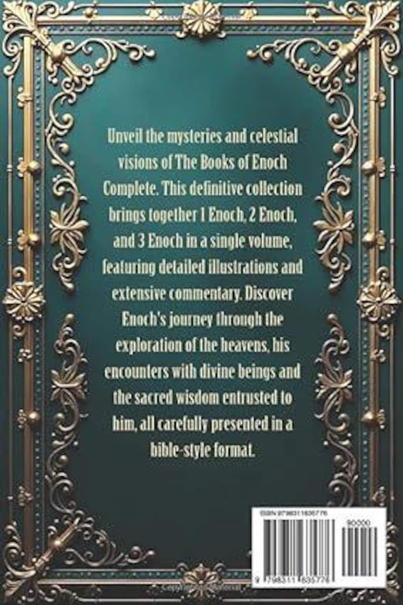Może przedstawiać: Okładka książki ze zdobionymi złotymi filigranami na turkusowym tle. Tekst brzmi "Unveil the mysteries and celestial visions of The Books of Enoch Complete". Książka zawiera szczeg&oacute;łowe ilustracje i komentarze.