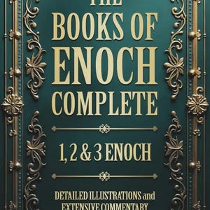 Może przedstawiać: Okładka książki z turkusowym tłem i złotymi, ozdobnymi obramowaniami. Tytuł "THE BOOKS OF ENOCH COMPLETE" jest wyświetlany złotymi literami. Poniżej widnieje napis "1, 2 & 3 ENOCH" oraz "DETAILED ILLUSTRATIONS and EXTENSIVE COMMENTARY".