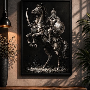 Khalid ibn al-Walid-tryck | Sahaba islamisk väggkonst | Svartvit muslimsk krigare-affisch | Islamisk studierumsdekor | Utskrivbar present till honom