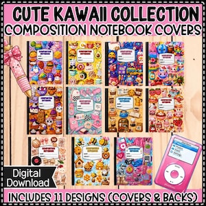 May include: A digital download collection of 11 composition notebook covers featuring colorful kawaii-style illustrations of food, animals, and retro items. Each cover includes a central white label for name and subject. A pink pen and media player are shown.