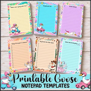 Puede incluir: Seis blocs de notas rectangulares con bordes coloridos e ilustraciones de gansos. Los blocs incluyen encabezados de texto como Where was I going with this?, Organized-ish, Brain Dump, Things I'll forget in 5 minutes, My Brain Has Tabs Open e Ideas Worth Keeping.