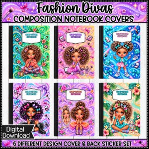 Peut inclure: Un ensemble de six couvertures de cahiers de composition numériques intitulées Fashion Divas, illustrant de jeunes filles aux cheveux bouclés entourées de pinceaux, palettes, nœuds et motifs floraux aux tons vifs rose, bleu et violet.