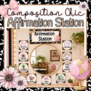 Puede incluir: Un conjunto de decoración de pared titulado Composition Chic Affirmation Station con un espejo redondo, un globo terráqueo y ocho tarjetas cuadradas con detalles en rosa y negro. Cada tarjeta muestra una ilustración y texto que incluye I am loved, I am creative, I am important, I believe in myself, I am enough, I shine like the sun, I am growing every day e I can do hard things.