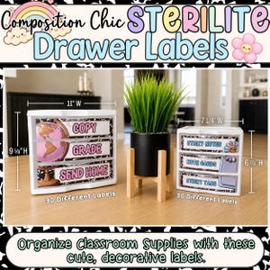May include: Two white plastic drawer organisers with black and white patterned labels. The larger unit is 27.94 cm wide by 24.45 cm high. The smaller unit is 18.42 cm wide by 17.46 cm high. Labels feature text like Copy, Grade, and Sticky Notes.