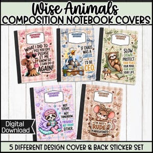 Pode incluir: Cinco capas de caderno com ilustrações de animais e texto. Os designs incluem um esquilo, um avestruz num escritório, uma preguiça numa rede, uma preguiça sob um cobertor e um rato com café, todos sobre fundos xadrez.