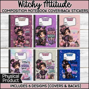 May include: Six rectangular composition notebook cover stickers featuring cartoon witch characters with dark hair and bows. Each sticker includes a white label area for name and subject, surrounded by purple, pink, or blue backgrounds with magical motifs.